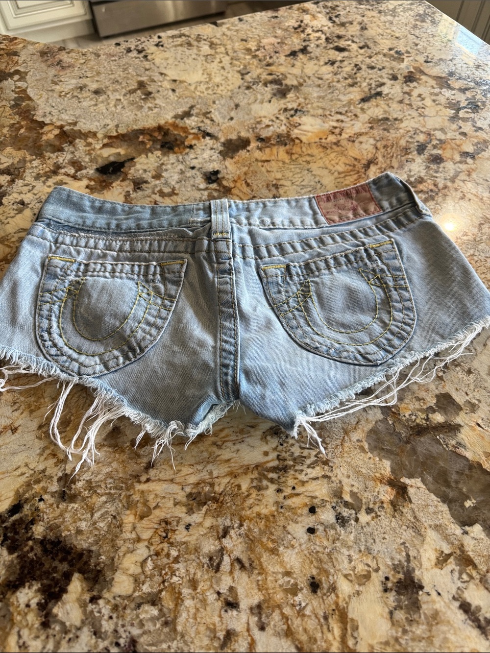 True Religion Light Blue Frayed Denim Cutoff Shorts